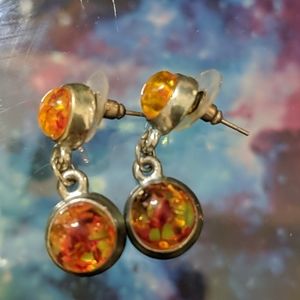 Earrings round amber color pierced orange